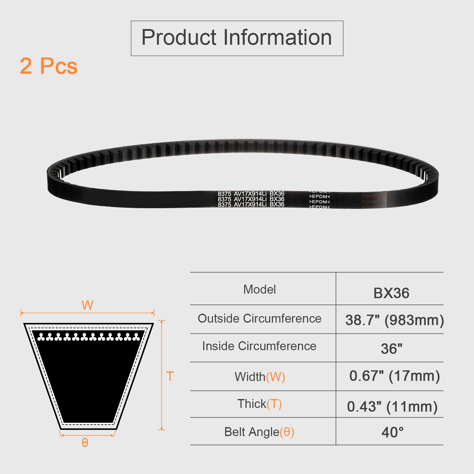 2 Set BX36 EPDM V-Belt Raw Edge Cogged Rubber Drive Belt