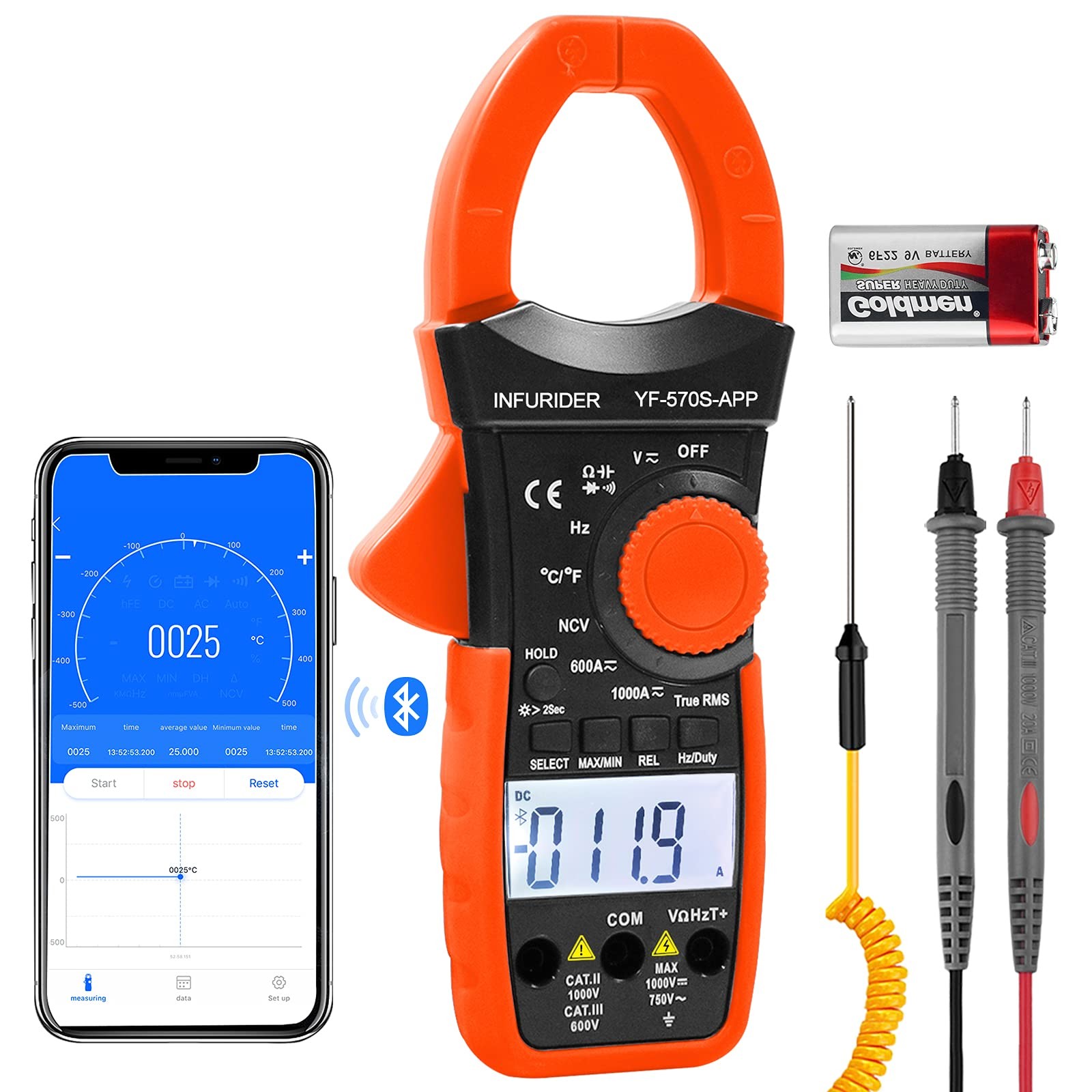 Digital AC/DC Volt Amp Clamp Meter,Wireless Bluetooth Auto Ranging 1000A Ammeter