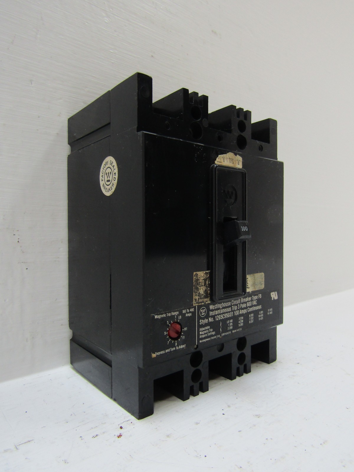 Westinghouse 1265C95G01 100 Amp 600V 3-Pole Type FB Circuit Breaker 100A 3P