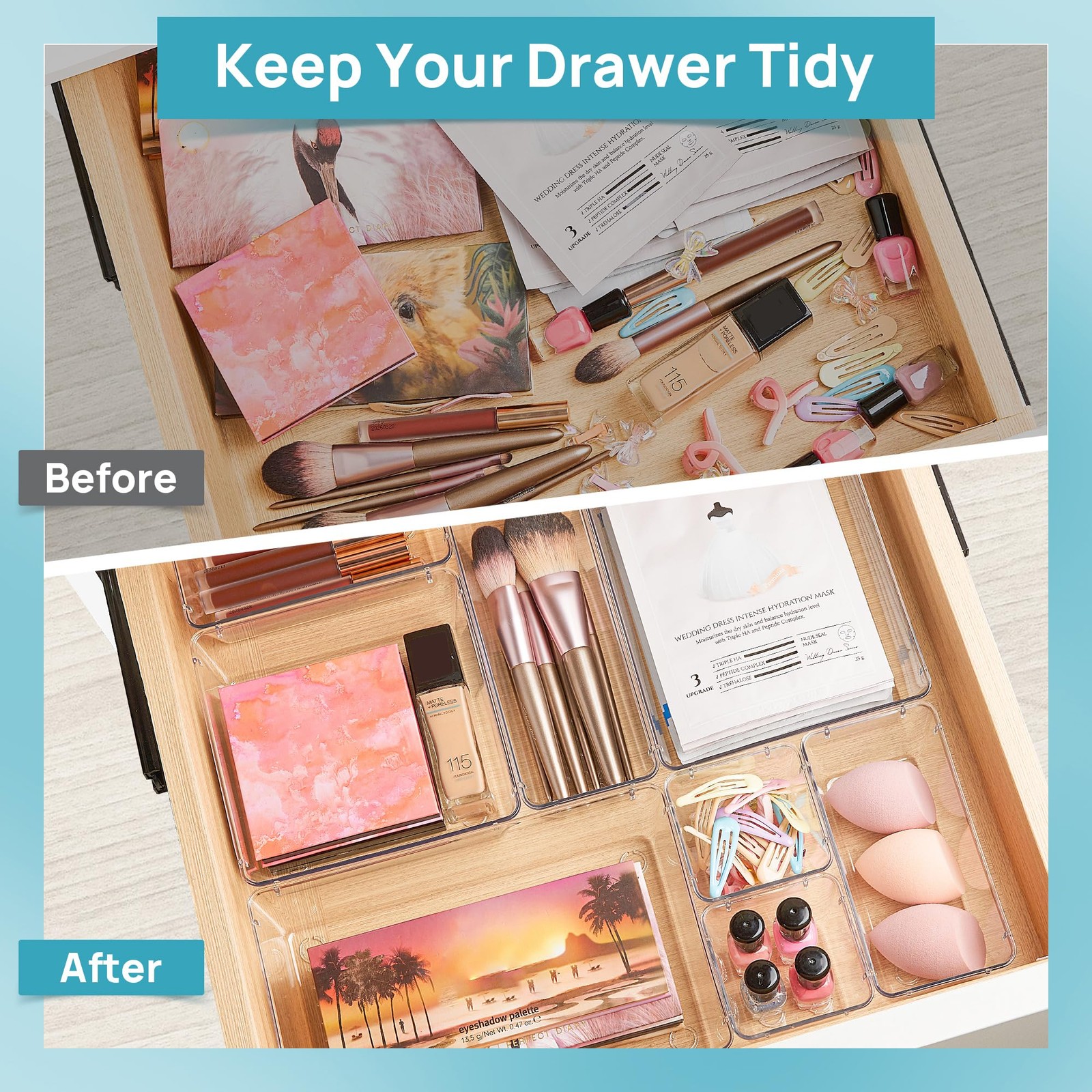 25PC Clear Plastic Drawer Organizers Set 4 Sizes Makeup Office Kitchen