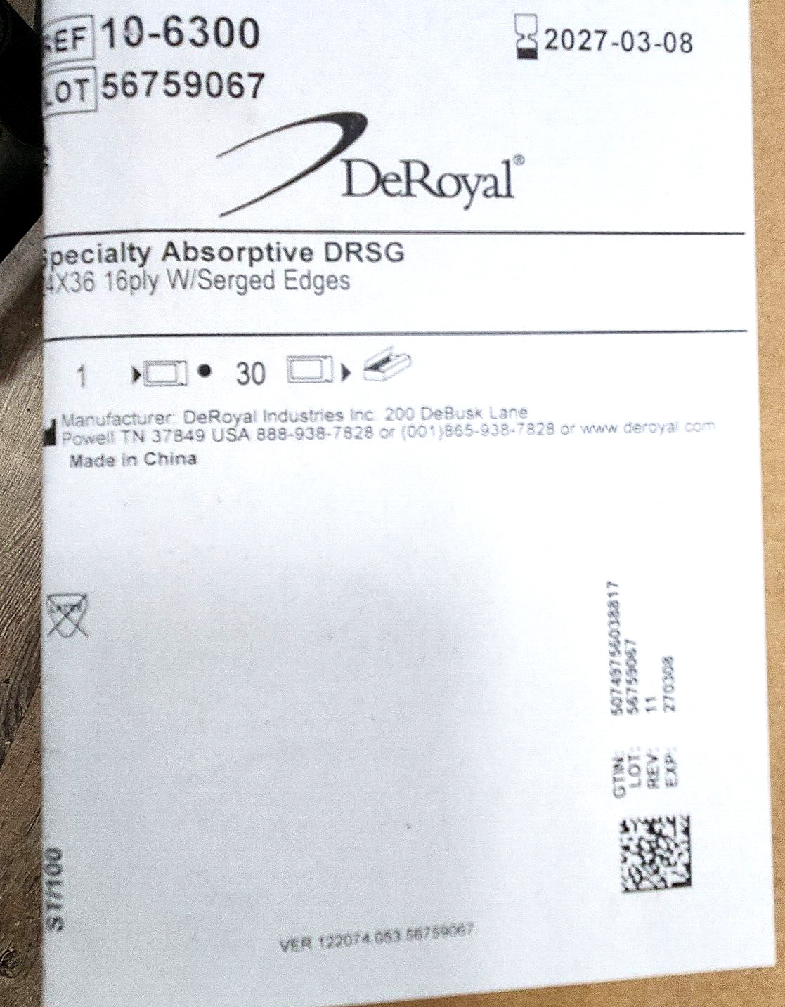 DeRoyal 10-6300, Absorptive DRSG 24 x 36″, Case of 30, Exp: 2027-03-08 (G2)
