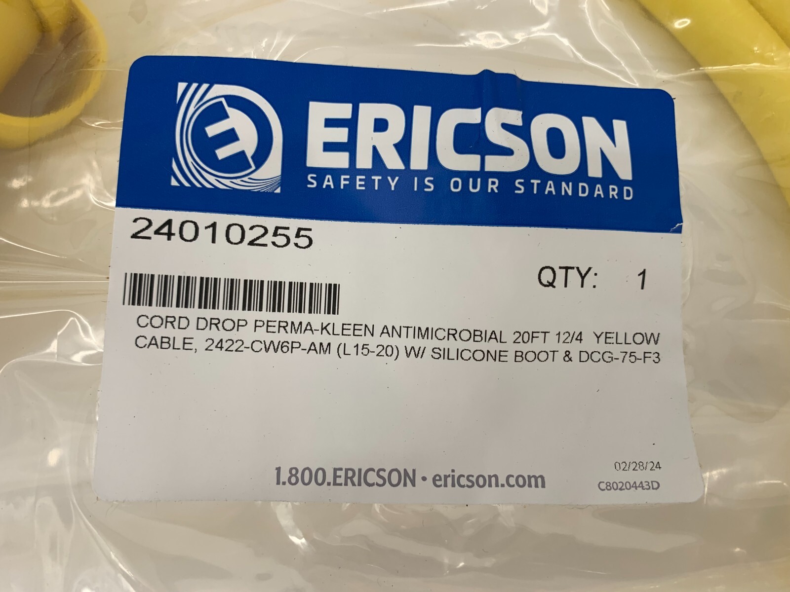 Ericson 24010255 Cord Drop Perma-Kleen Antimicrobial 20′ 12/4 Yellow Cable 125V