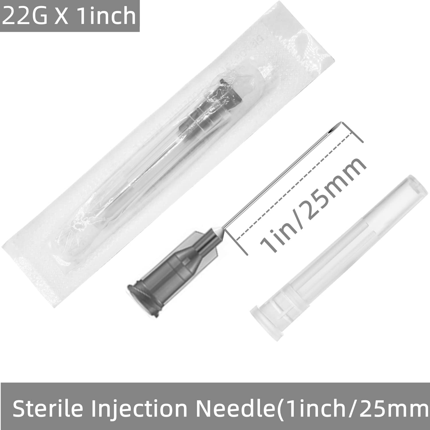 100 Pack 22Ga 1 Inch Sterile Disposable Injection Needle with Cap 1