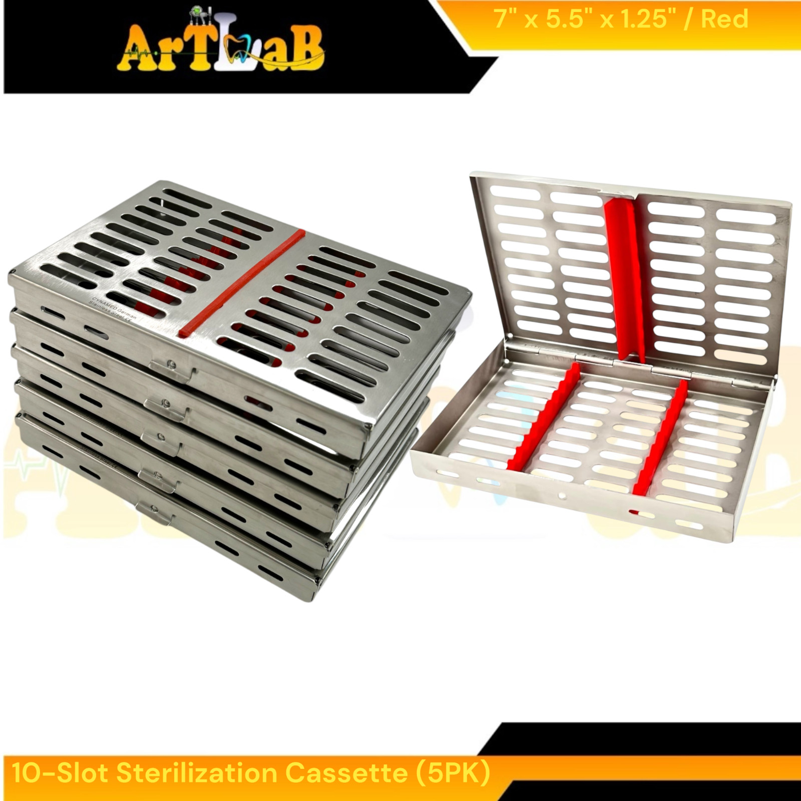 7in x 5.5in x 1.25in Sterilization Cassettes with 10-Slot Inserts Pack of 5