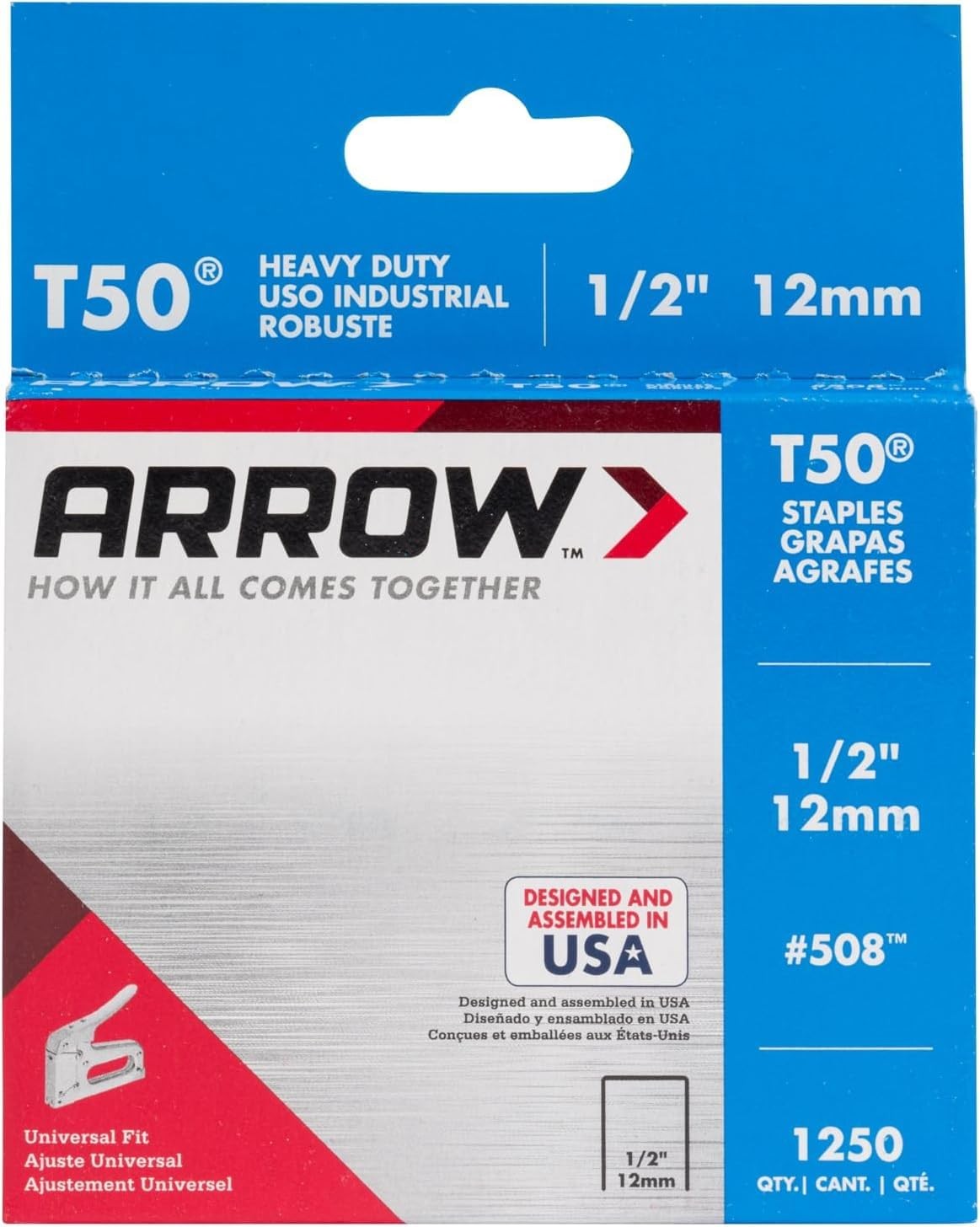 Arrow 508 Heavy Duty T50 1/2-Inch Leg Length, 3/8-Inch Crown, Staples for