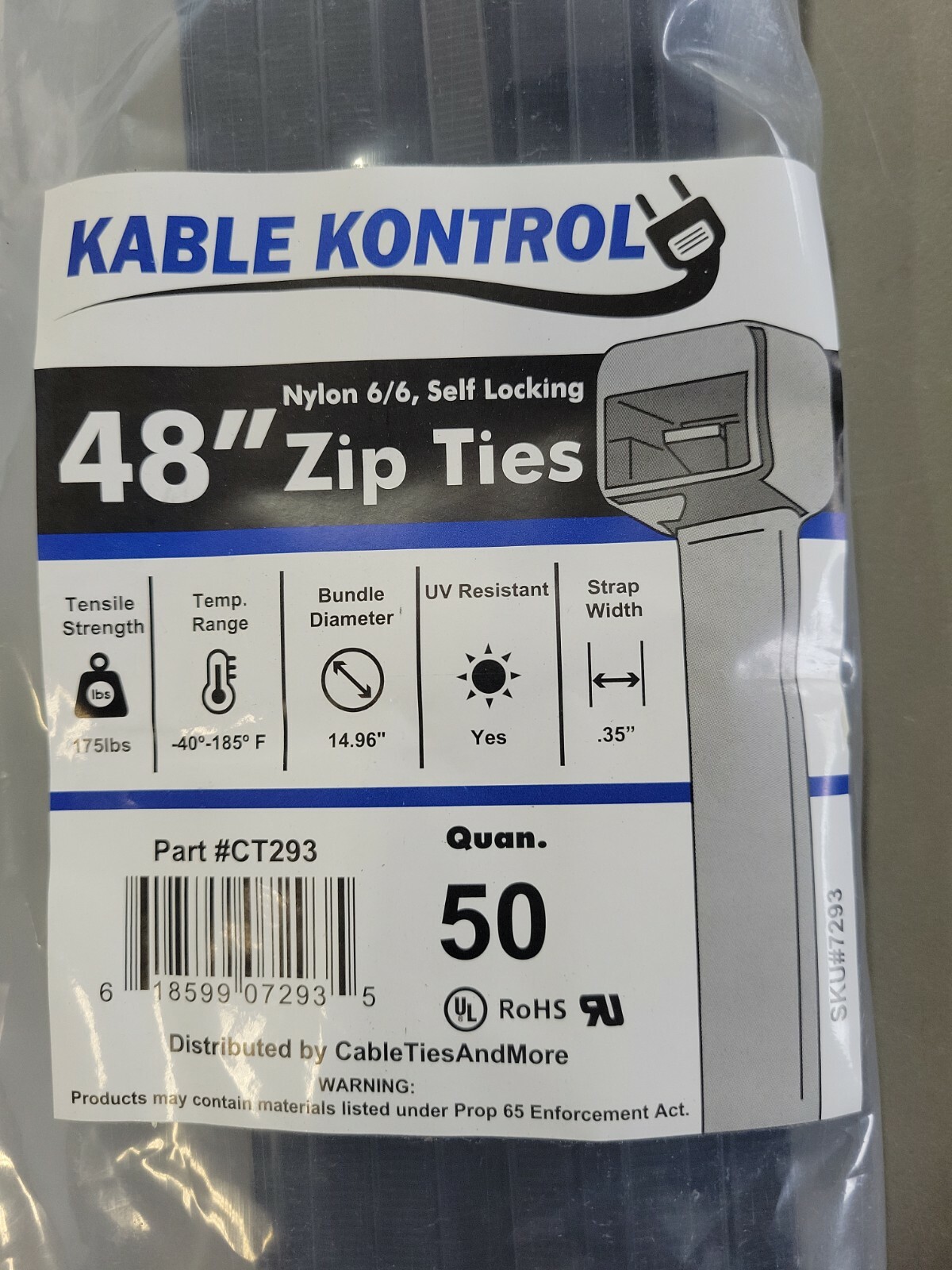 Kable Kontrol Black Zip Ties -Nylon 6/6 – Self-Locking – 48″ Inch Long 50 PCS