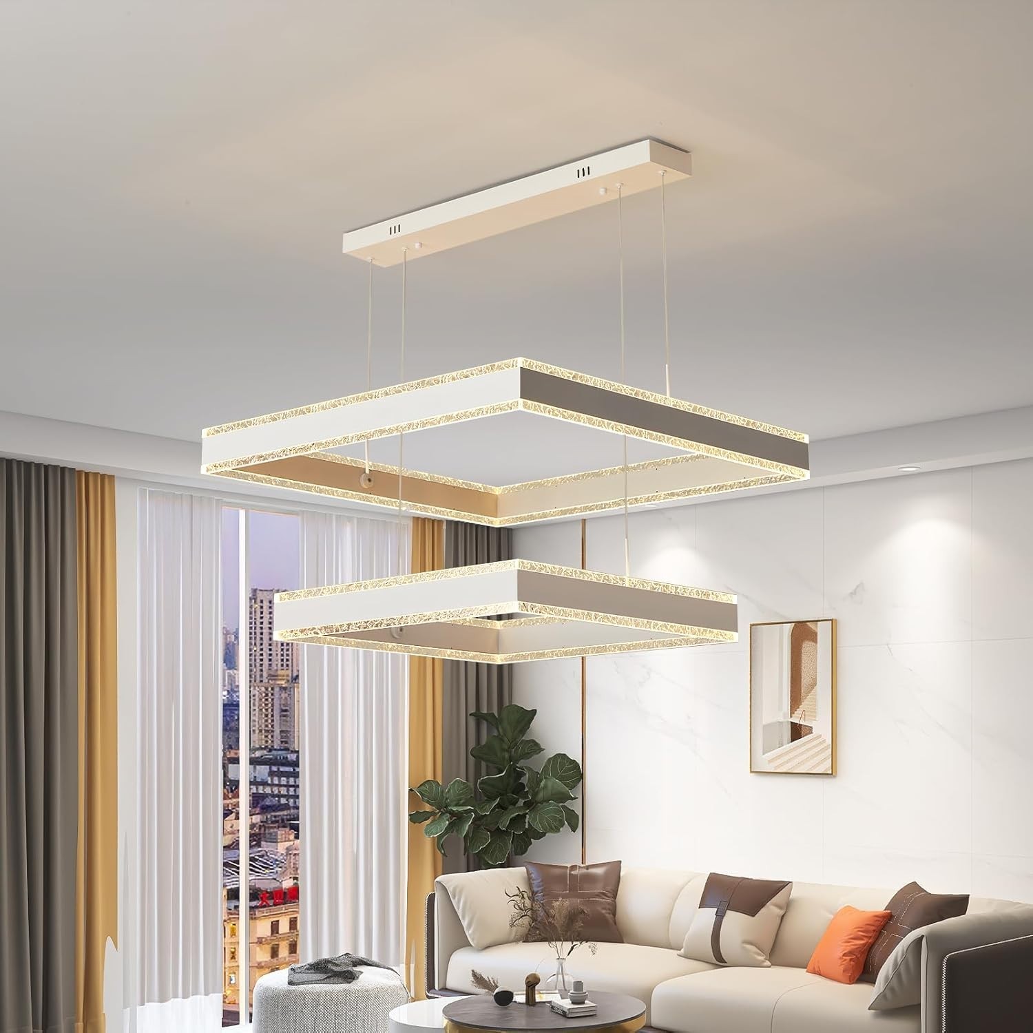 White Square 2-Ring LED Chandelier Dimmable Ceiling Light w/ Remote Control