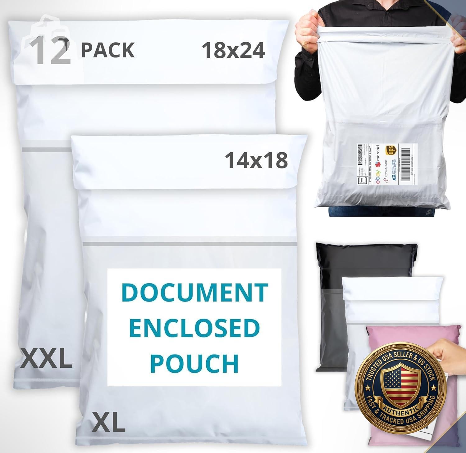 Poly Mailers 12 Pack 14×18 18×24 Shipping Bags w/ Label Pouches