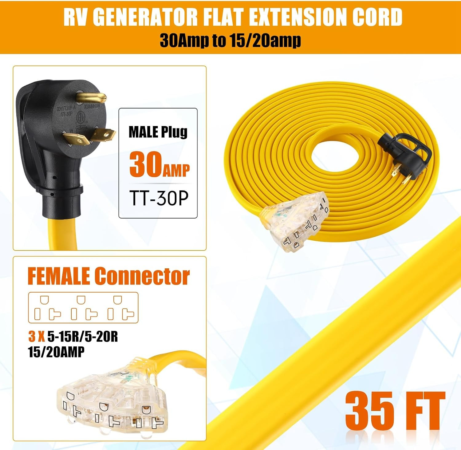 35 FT Flat RV Generator Adapter Cord NEMA Tt-30P to 3X 5-20R/5-15R, 30A to 110V