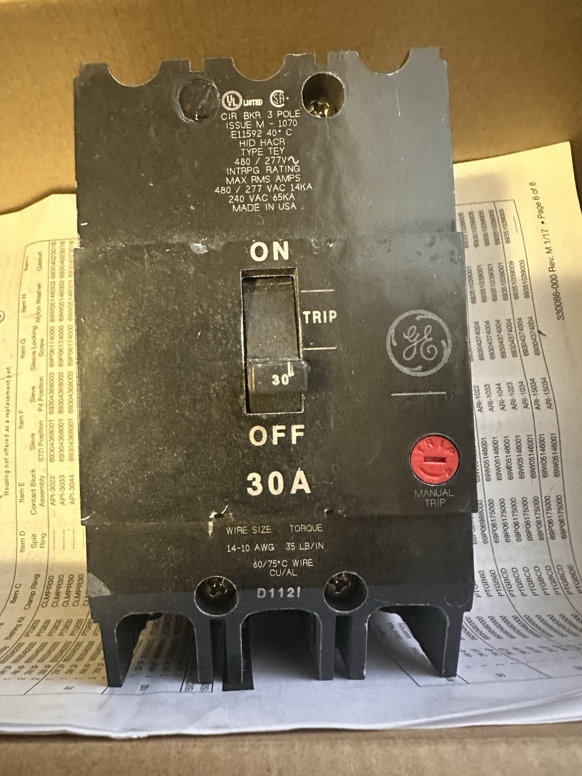 GE TEY330 3 Pole 480V Circuit Breaker
