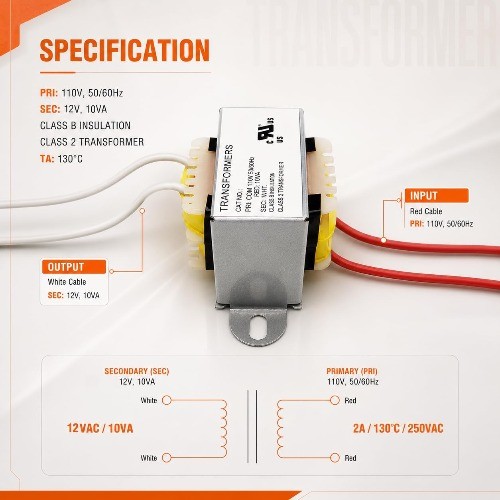 120V AC to 12V AC Transformer 10VA UL Class 2 Low Voltage Do Style: 12v pack 1