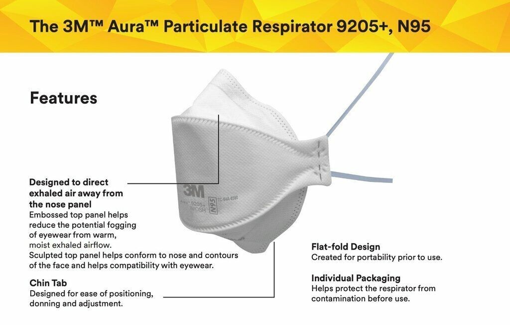 3M 9205+ AURA N95 NIOSH Approved Particulate Respirator Mask Face Masks USA MADE
