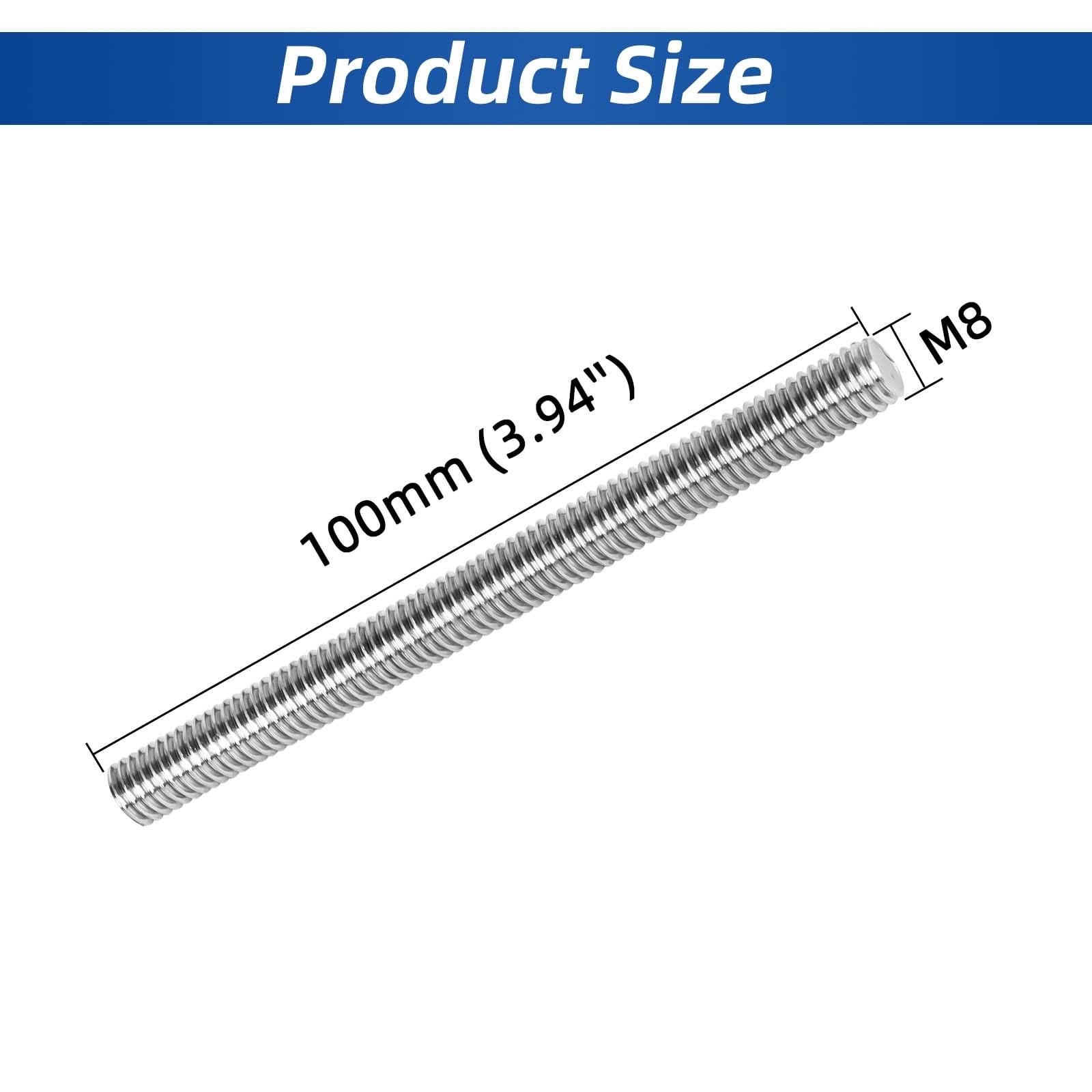 Bykonh M8-1.25 x 100mm Fully Threaded Rod Studs, 18-8 M8 x 100mm, Silver