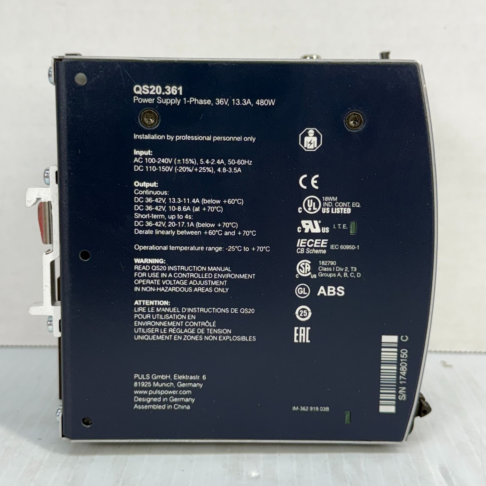 PULS QS20.361 DIN Rail Power Supply 36V DC Industrial PSU