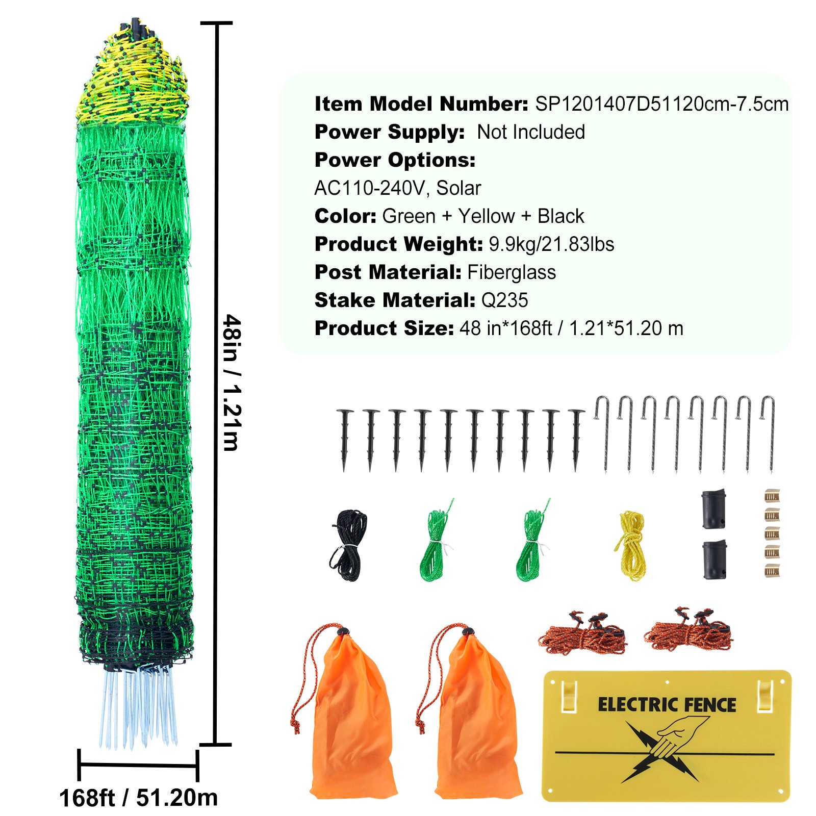 VEVOR Electric Netting Fence Kit PE Net Fencing 48″H x 168’L with Posts Spikes