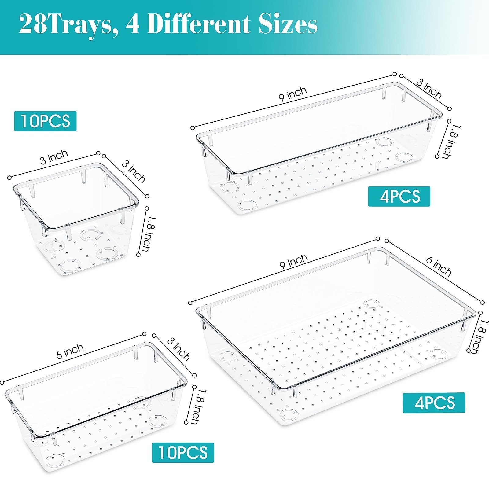 28 PCS Clear Plastic Drawer Organizers Set, 4 Size Desk Drawer Organizer Tray…