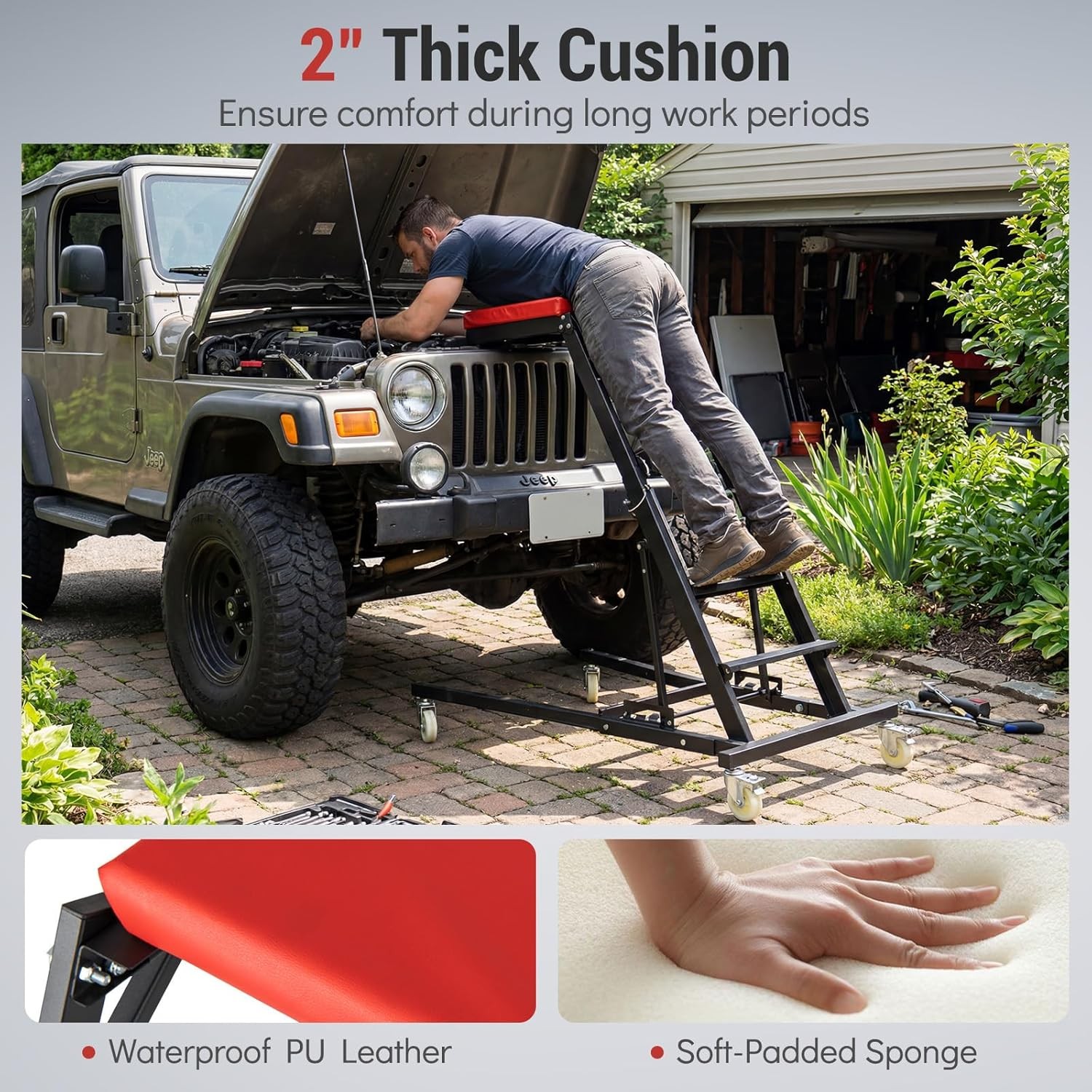 Foldable Topside Engine Creeper 42″-69″ Adjustable 400LBS Black Red