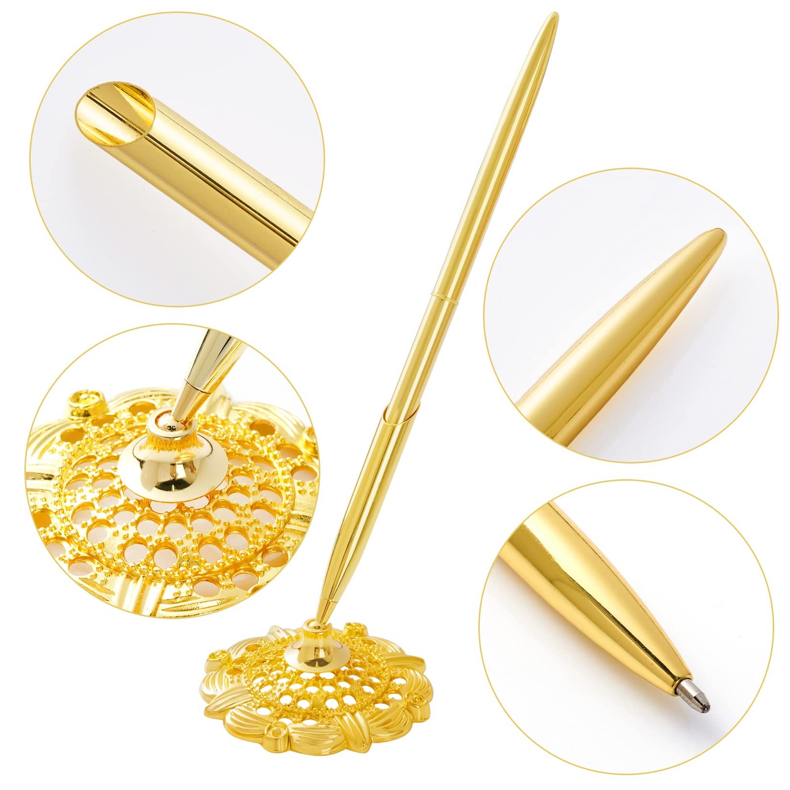 2Pcs Gold Wedding Pen and Metal Pen Stand Holder Set Signing Desk Ballpoint Pens