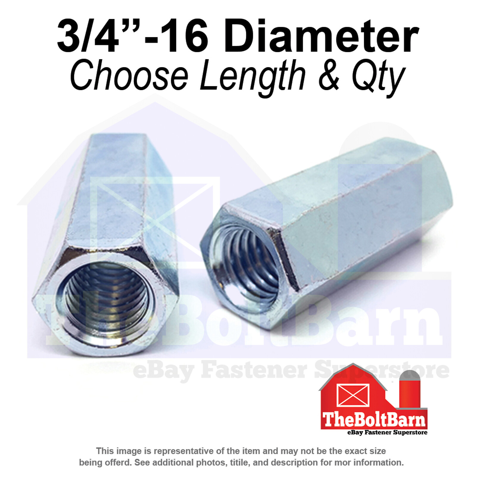 3/4″-16 x 2-1/4″ Steel Coupling Nuts Zinc Clear Fine Thread (Pick Quantity)