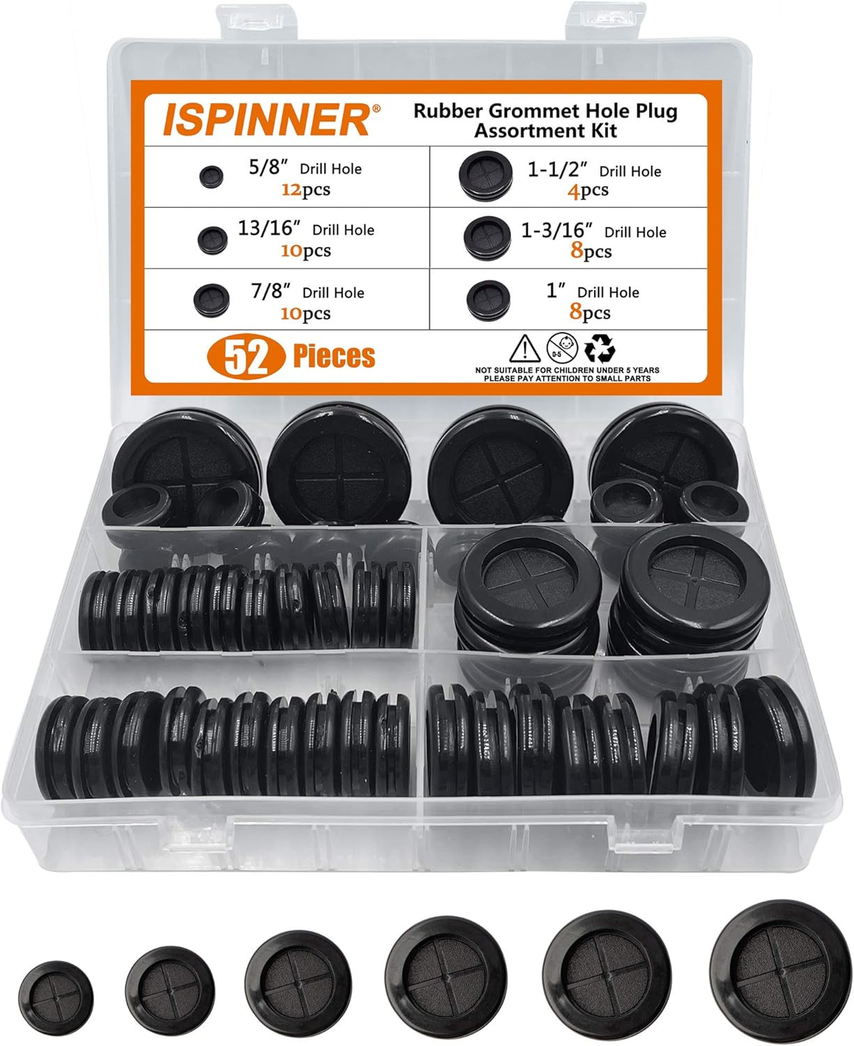 52Pcs 6 Sizes Rubber Grommet, Double Sided round Rubber Hole Plug, Drill Hole 5/
