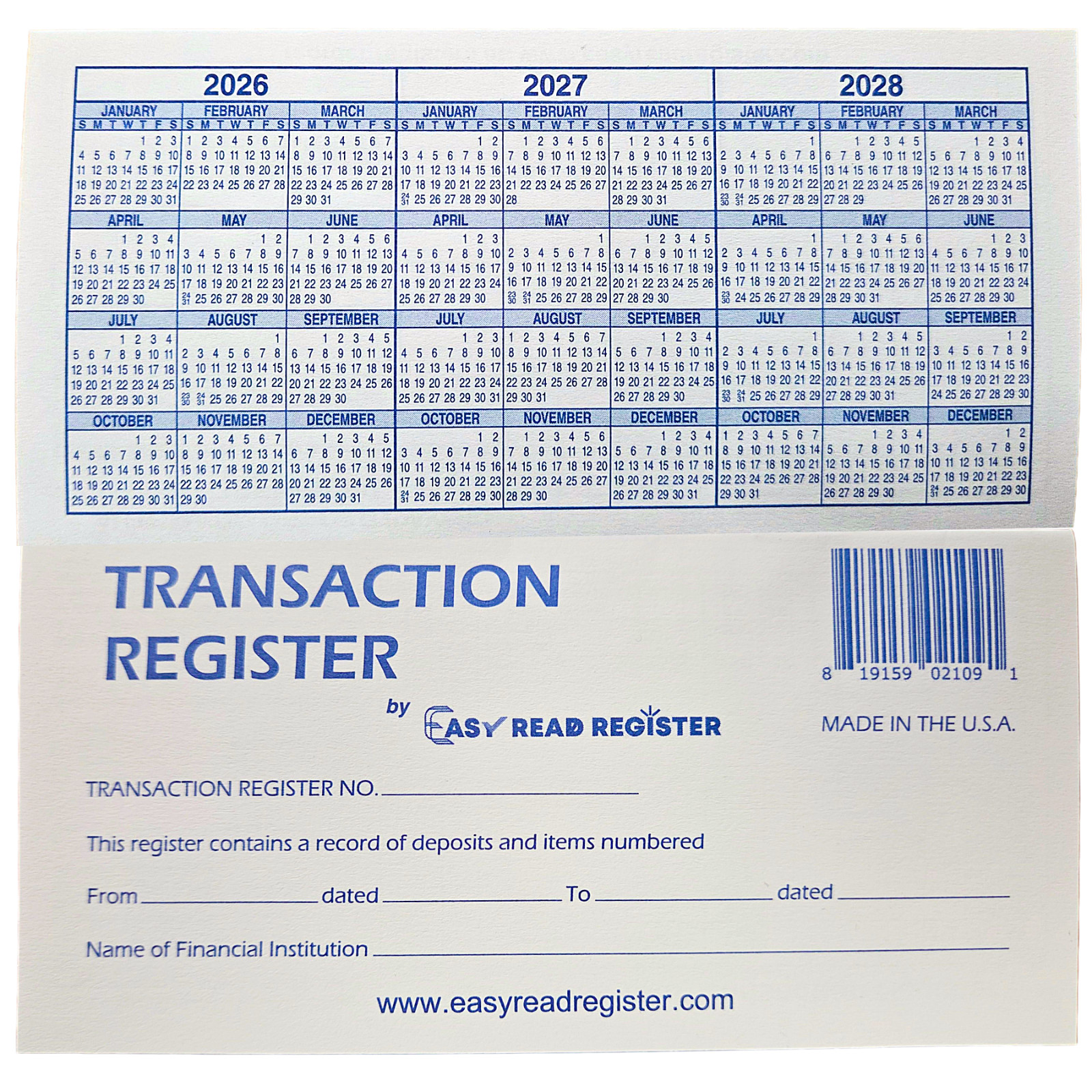 Checkbook Transaction Registers, 2026-2027-2028 Calendars by Easy Read Register