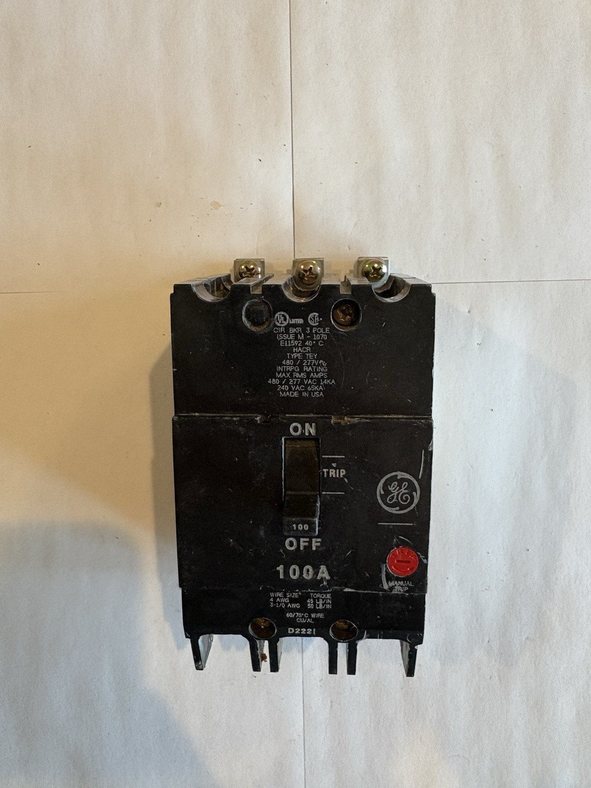 General Electric TEY TEY3100 3 Pole 100 Amp 480/277 V Circuit Breaker
