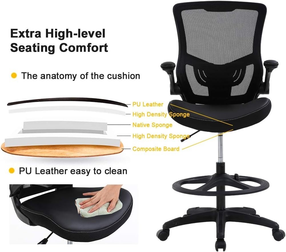 Tall Drafting Office Chair with Back Support & Foot Rest – Mesh and Faux Leather