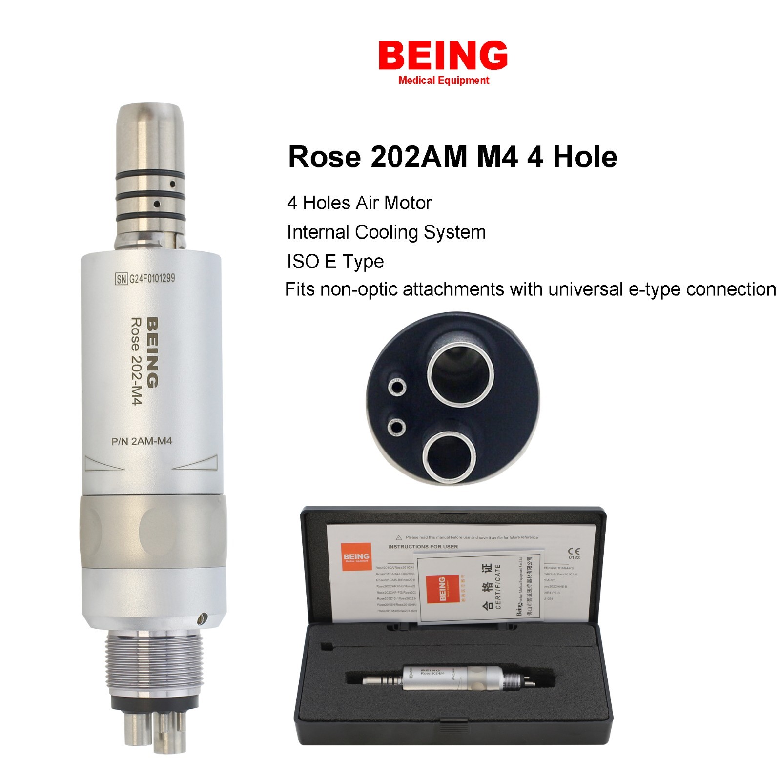 BEING Dental Low Speed Handpiece Contra Angle Air Motor 4H Straight NoseCone 202