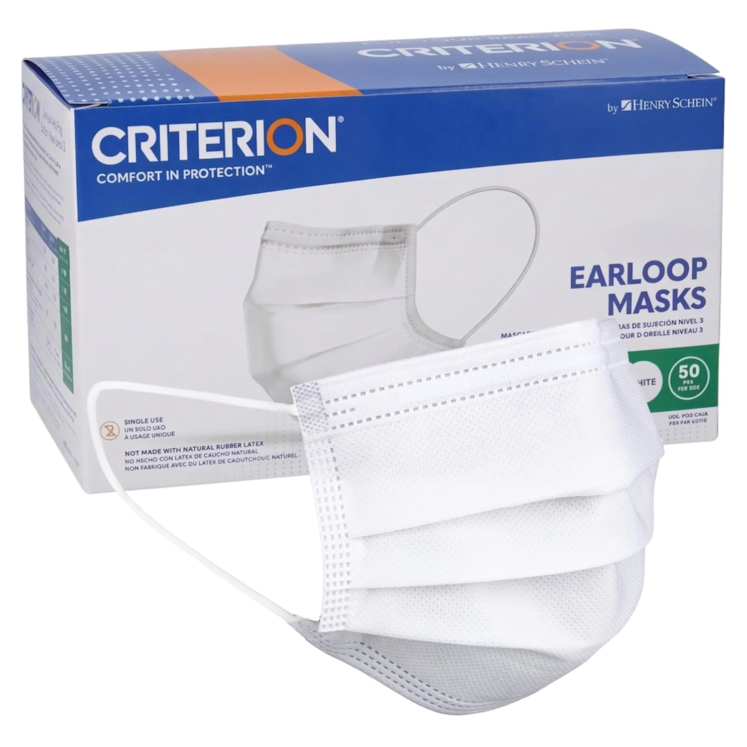 Criterion ASTM Level 3 Disposable Face Mask – White, 3-Ply, Fluid Resistant, Lat