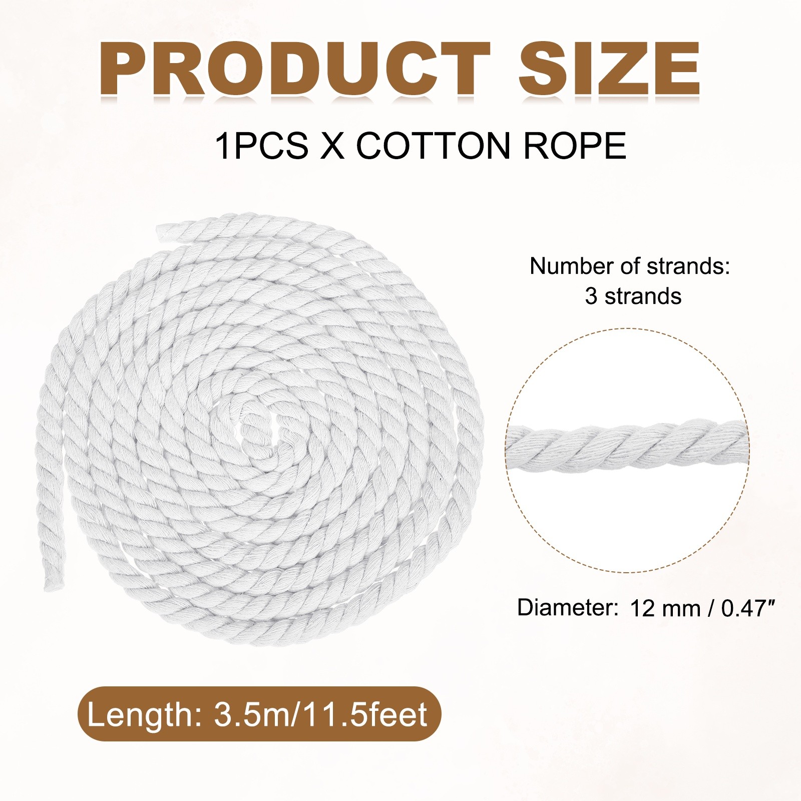 12mm x 11.5 Feet White Cotton Rope 3 Strand for DIY Wall Hanging Knotting