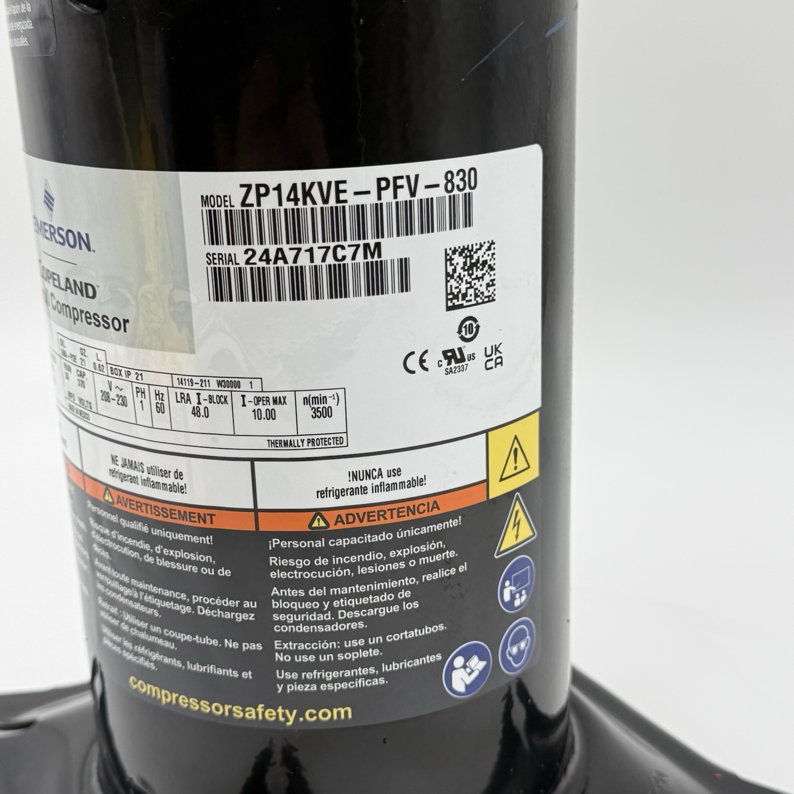 Copeland Compressor ZP14KVE-PFV-830 14,000 Btu R-410a 208/230 V Single Phase New