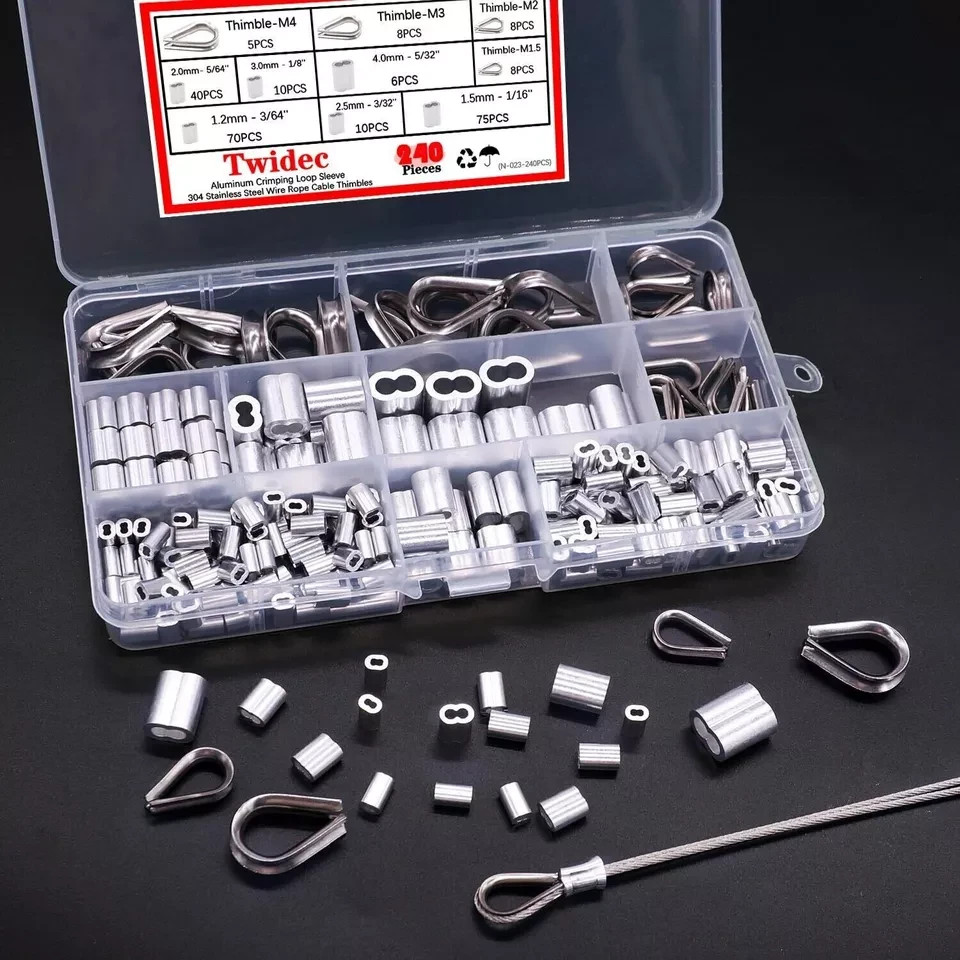 240PCS 304 Stainless Steel Wire Rope Cable Thimbles and Aluminum Crimping Loop S