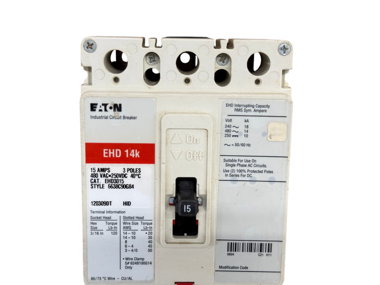 EATON CUTLER HAMMER EHD3015 15A 3-POLE 480V F-FRAME CIRCUIT BREAKER NEW SURPLUS