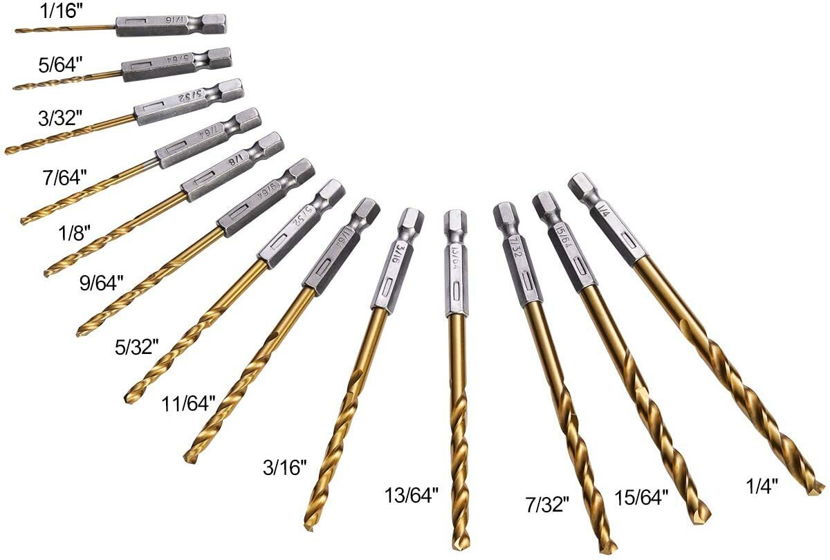 13pcs 1/4» Hex Shank Titanium Coated HSS Steel DRILL BIT Set Metal Wood Plastic