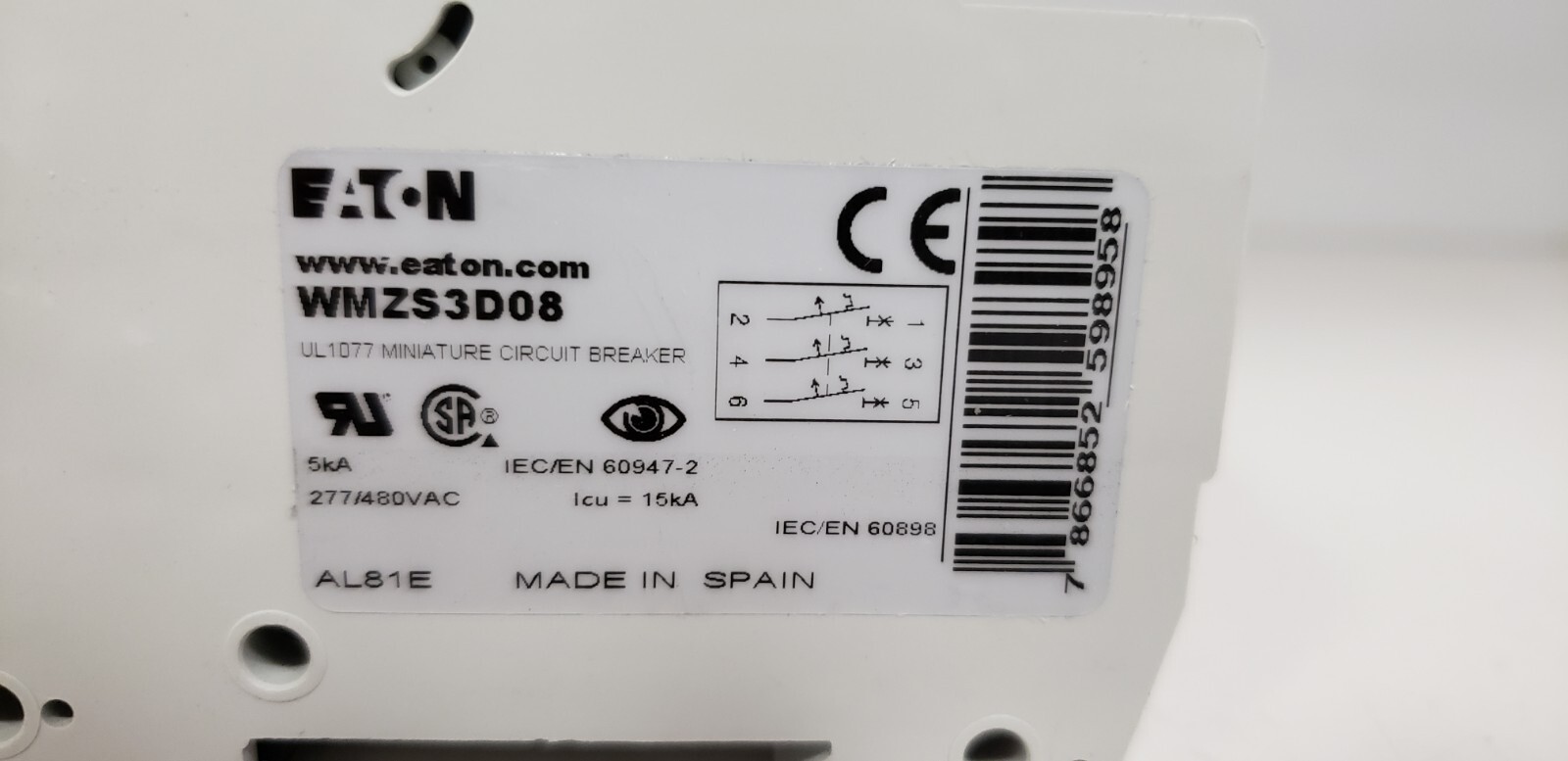 EATON WMZS3D08 (FAZ-D8-3) CIRCUIT BREAKER, 3P, 8A, 277/480VAC, 5kA, TYPE D, NIB