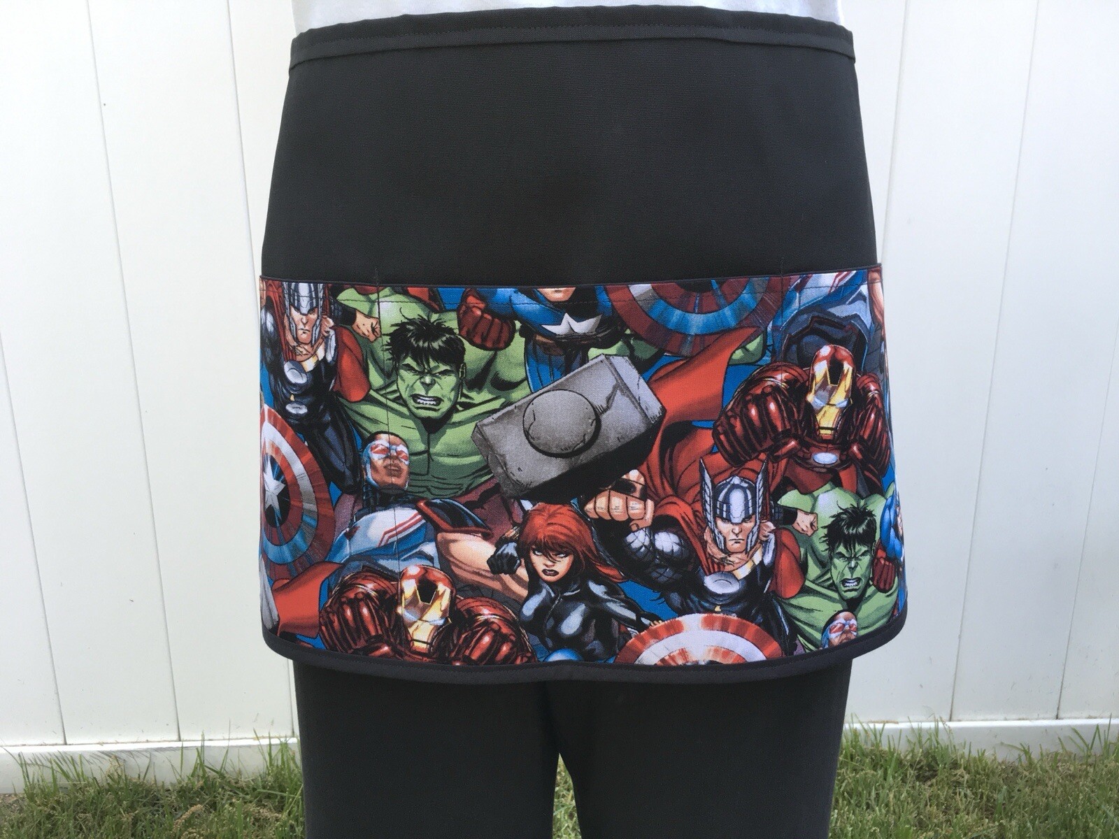 Black Waitress Apron Marvel,Super Heroes 3 Pockets Server Restaurant Cute Waist