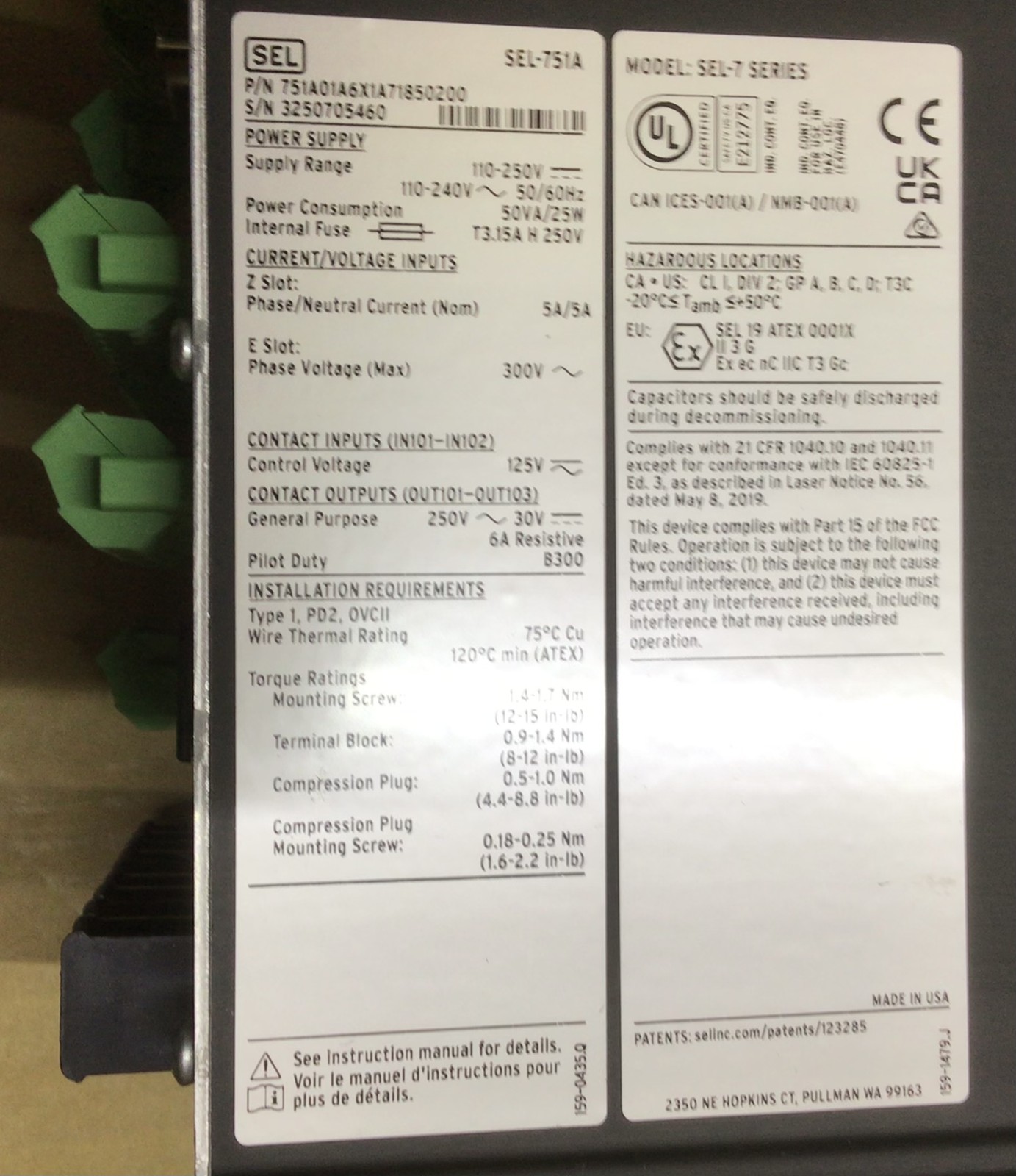 Schweitzer Engineering Laboratories SEL-751A Feeder Protection Relay