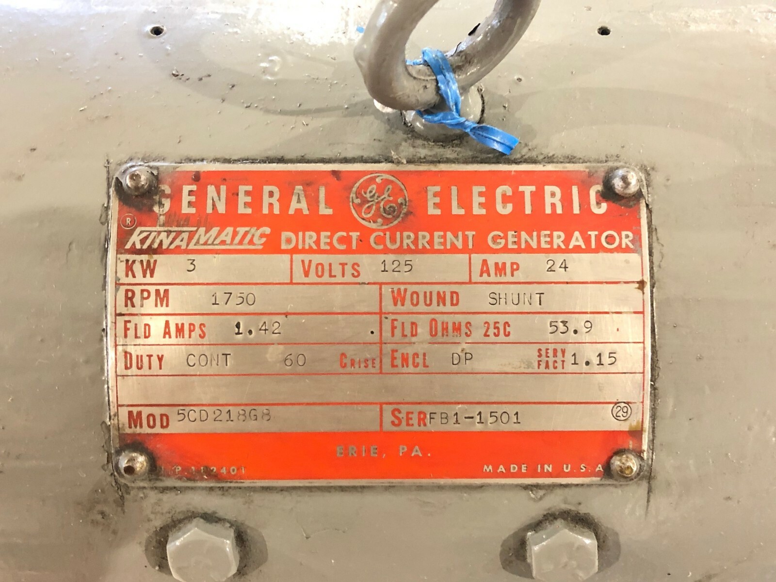 GE Triclad 5HP Electric Motor & Kinamatic Direct Current Generator 3KW 125V 24A