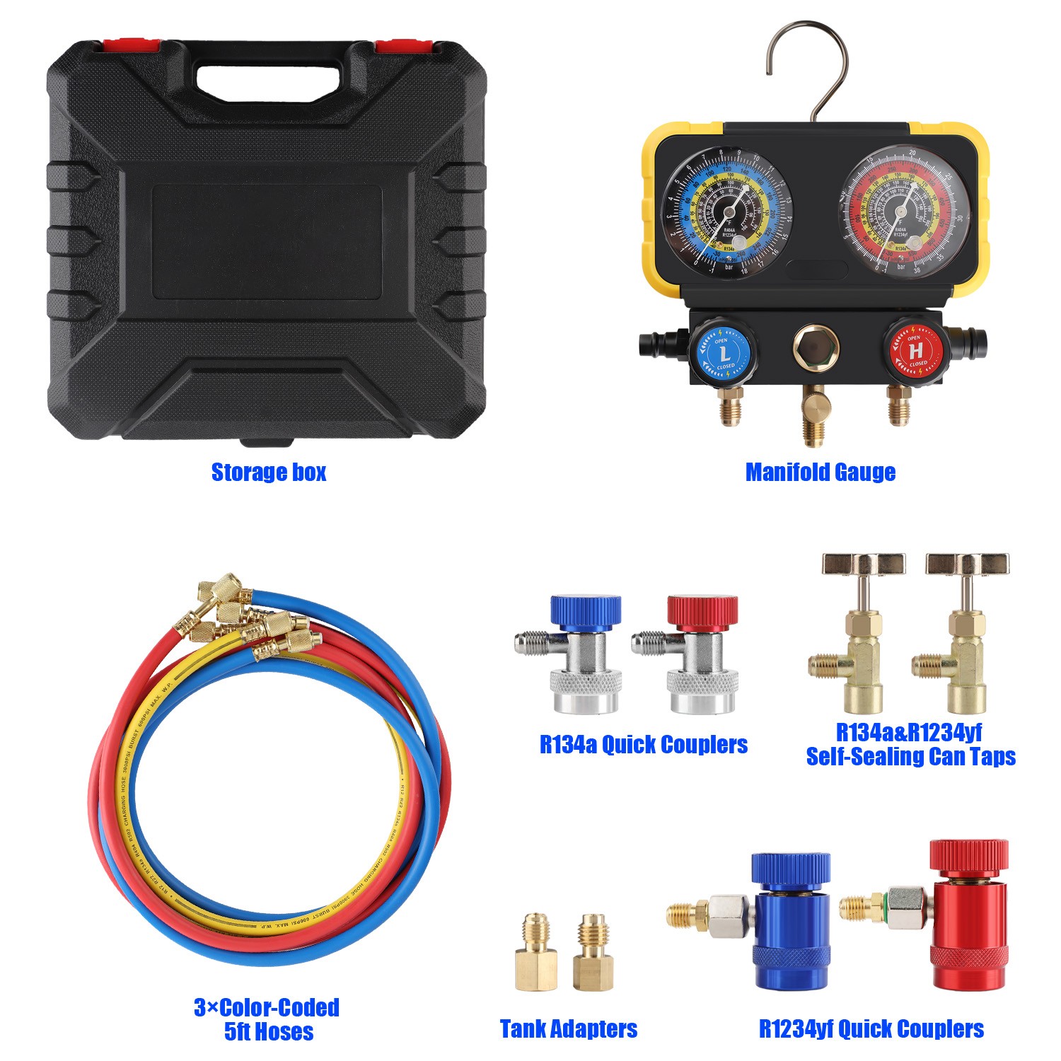 HVAC AC 3‑Way Manifold Gauge Set w/ 5ft Hoses R1234yf R404a R134a Refrigeration