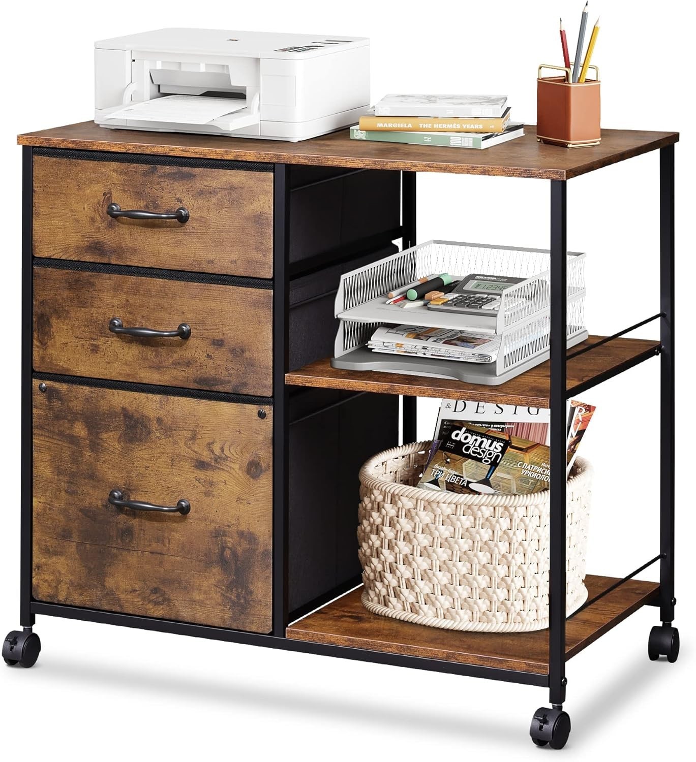 3 Drawer Mobile File Cabinet, Rolling Printer Stand with Open Storage Shelf, …