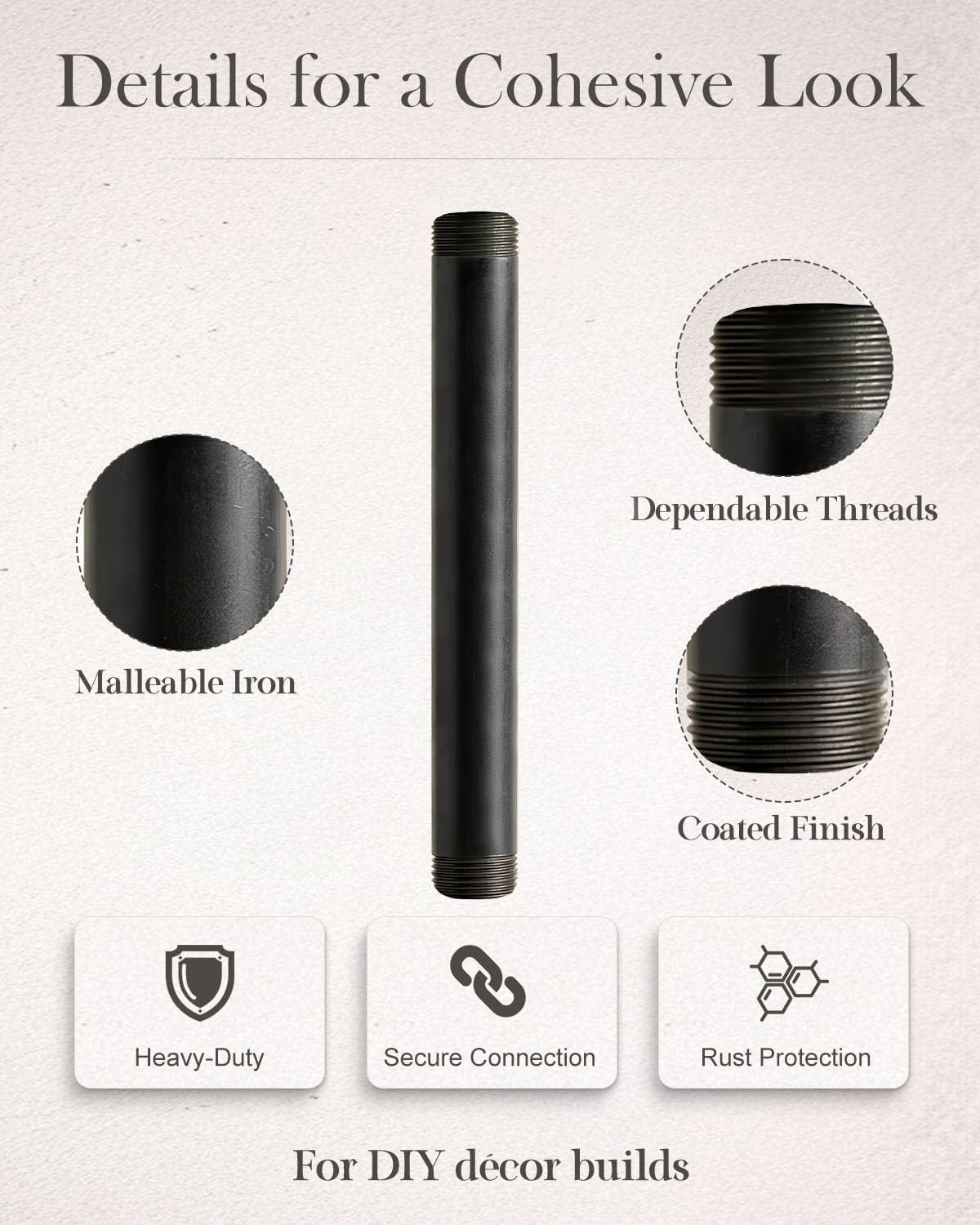 10-Pack 1″ x 10″ Black Malleable Iron Pipe Nipples for Industrial DIY Projects