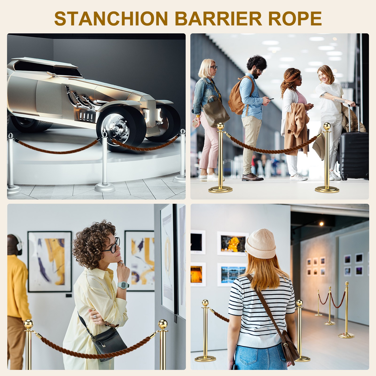6.6 Ft/2 m Twisted Stanchion Rope Barrier Rope with Hooks Coffee Golden