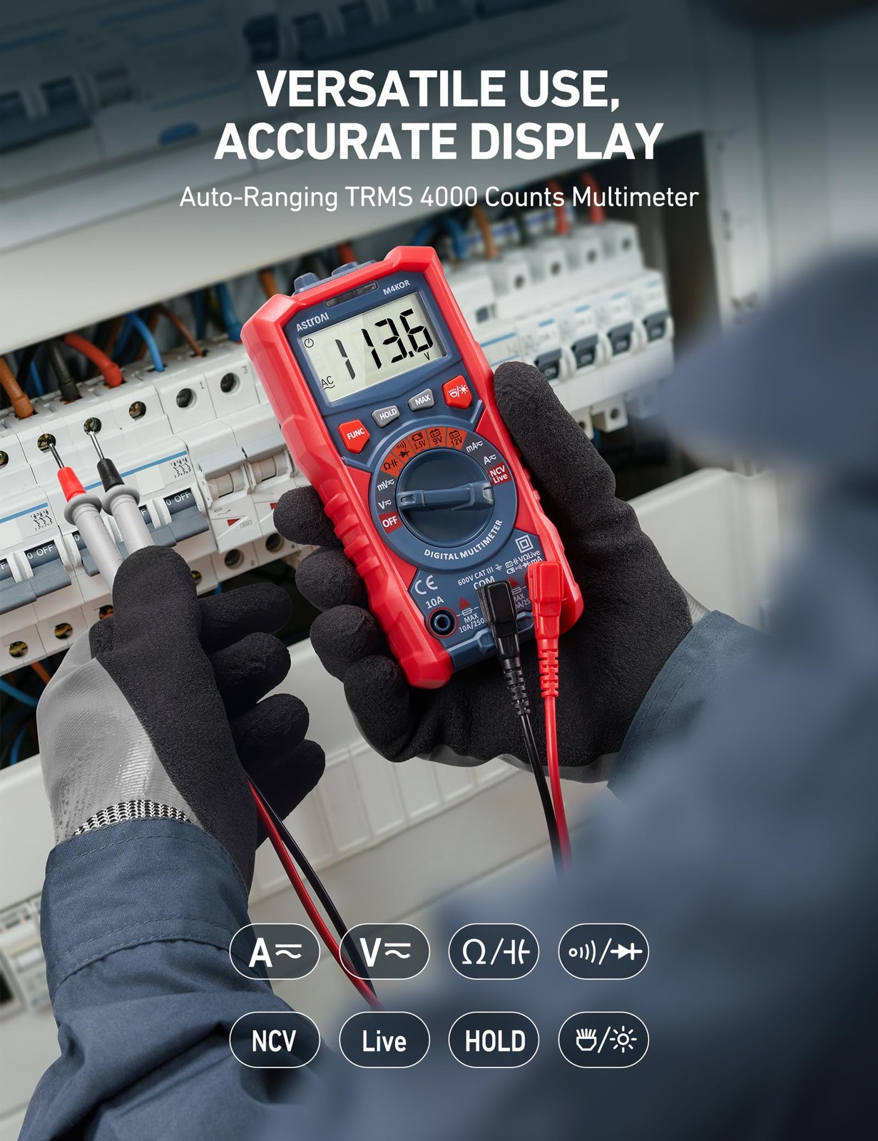 AstroAI M4K0R Digital Multimeter, TRMS 4000 Counts Multicolored-Test Kit