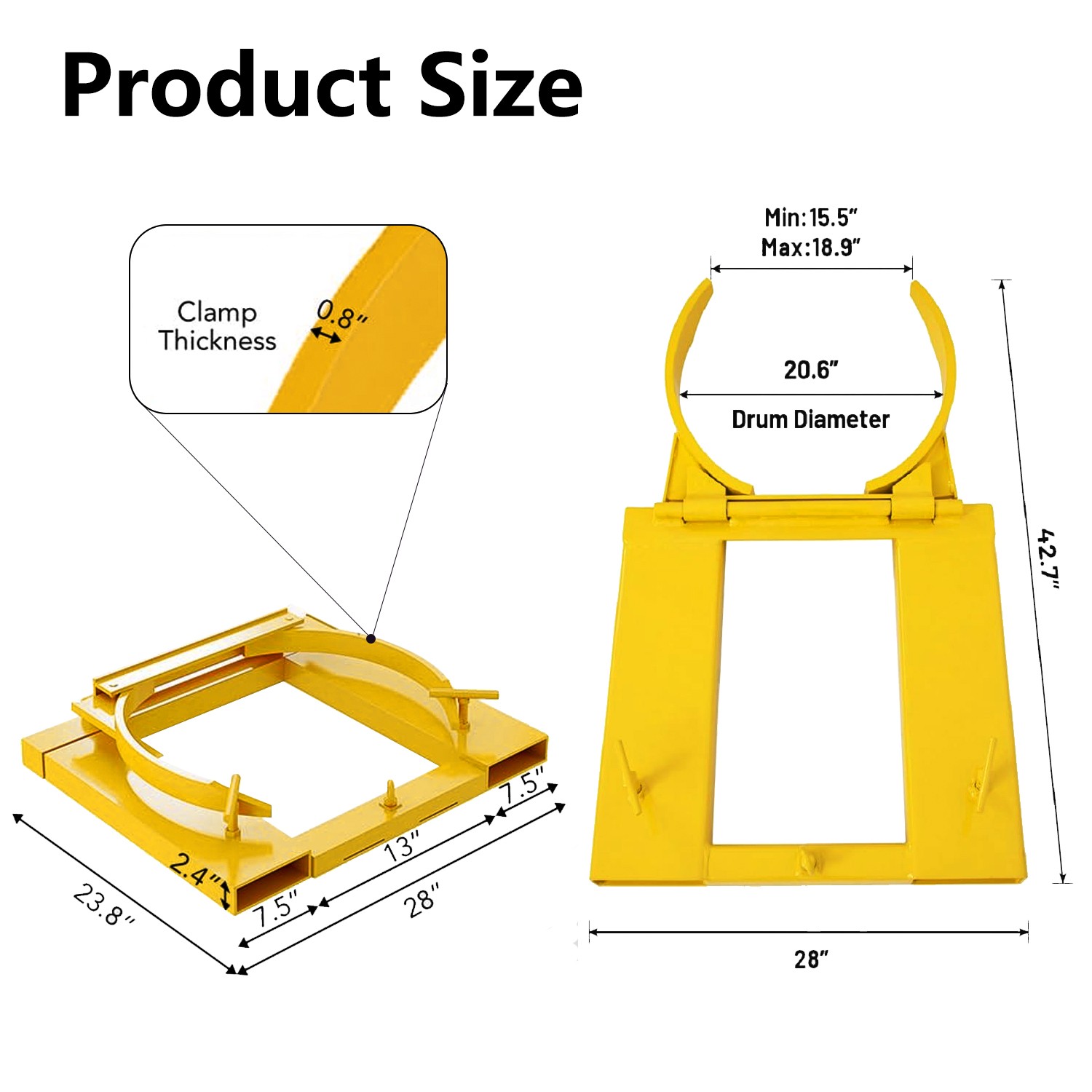 Drum Grabber 1500lb Capacity Single Fork Mounted Drum Gripper Hinged Folding Arm