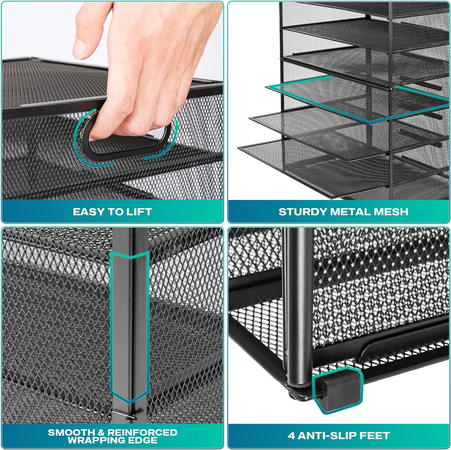 8 Tier Paper Letter Tray Organizer with Handles, Mesh Desk File Holder Storage O
