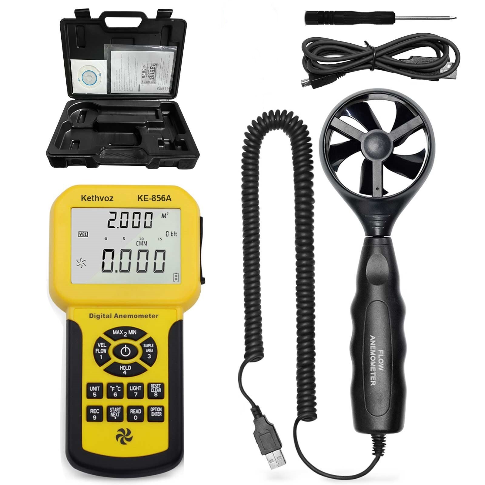 Handheld Anemometer 45m/s 5-Unit 600Groups USB Data Log Backlit Max/Min/Avg Auto