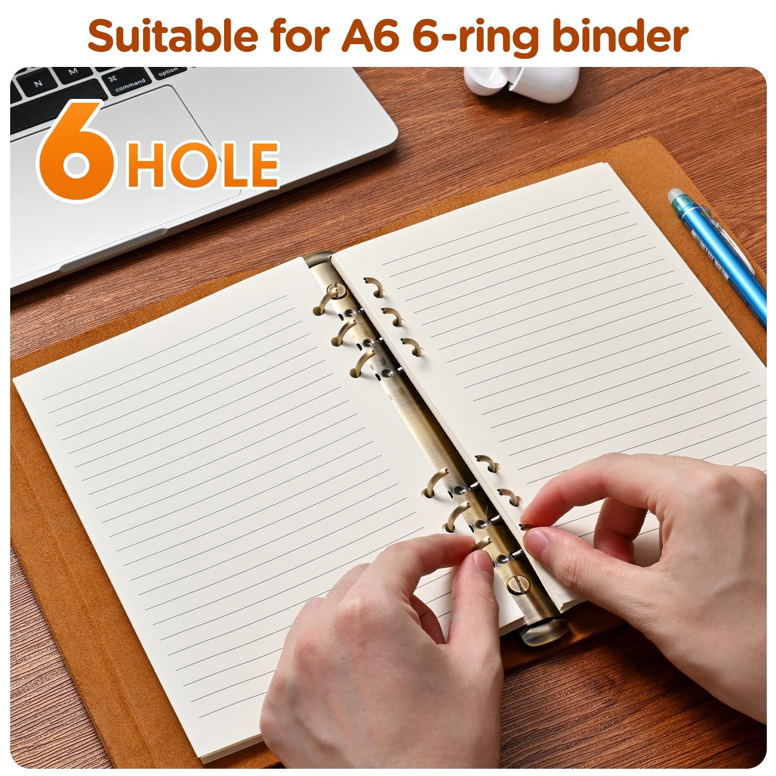 A6 6-Hole Lined Refill Paper(Pre-Punched) – 100gsm Thick Beige Paper, Fountai…