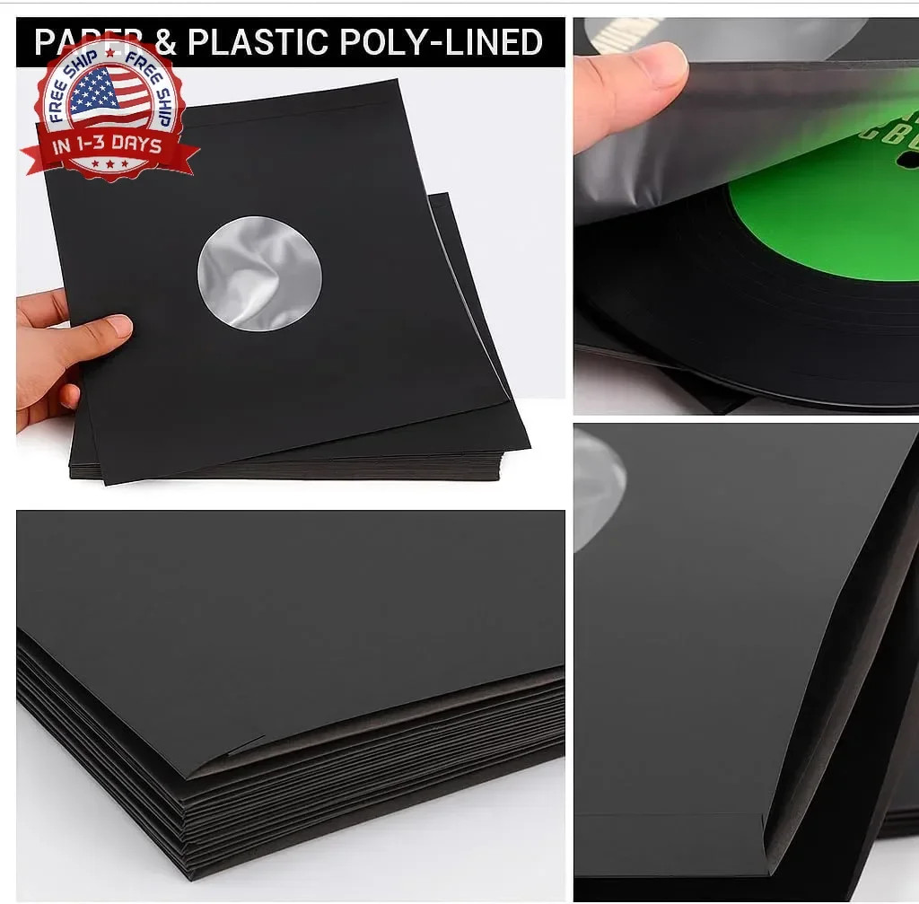 100 PCS 12in Black Paper & Poly Lined Record Inner Sleeves for LP Vinyl Records,