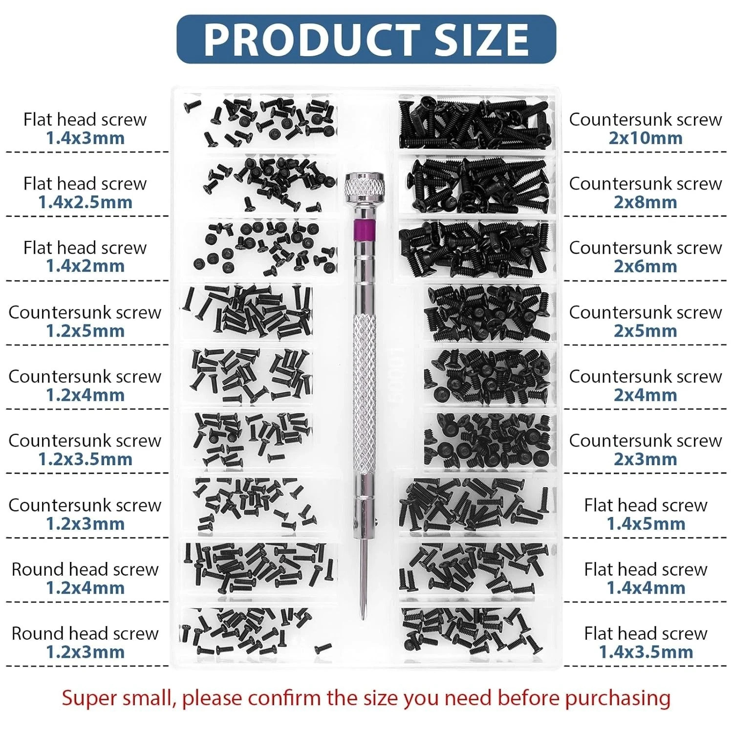 Small Screws Assortment Kit M1.2 / M1.4 / M2.0 Tiny Micro Screws Set Black 500pc