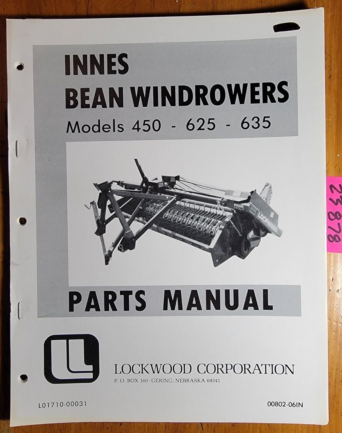Lockwood Innes 450 625 635 Bean Windrower Parts Manual L01710-00031 00802-06IN